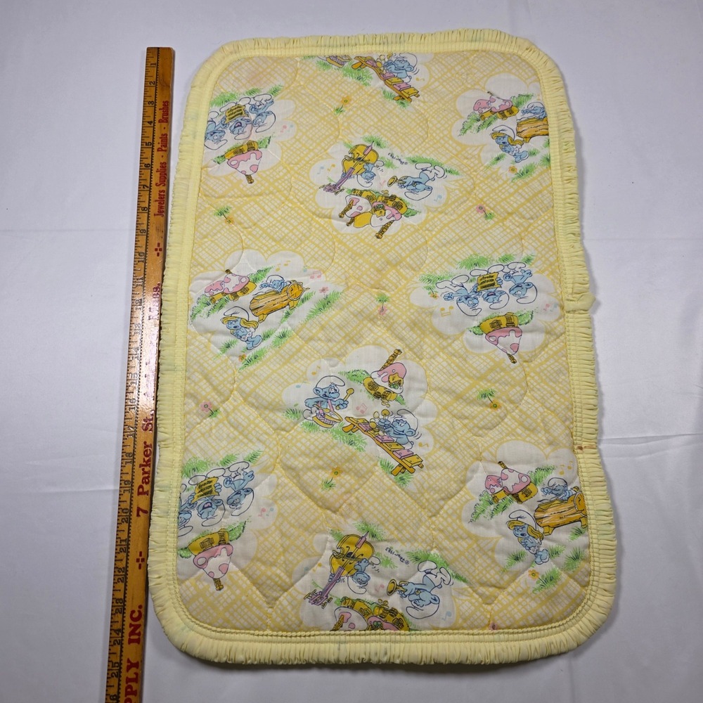 Vintage 1983 Smurfs Quilted Baby Changing Pad Yellow Gingham Dundee 26x15 Pocket